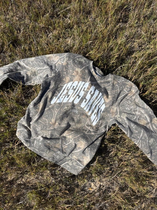 Jesus Saves Camo Crewneck