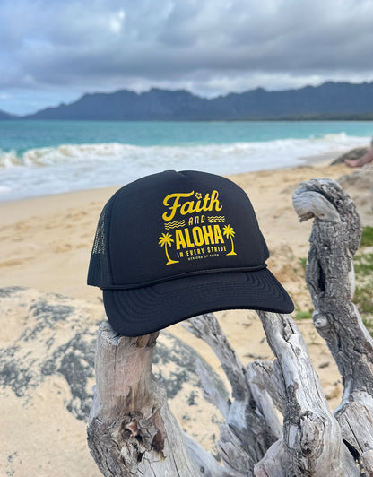 FAITH & ALOHA TRUCKER HAT - Black